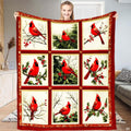 Winter red cardinals throw blanket featuring a nine-panel collage of songbirds, holly, and pine branches.