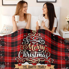 Close view of buffalo check pattern and scrollwork tree on blanket