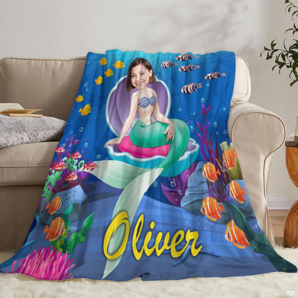 Complete under the sea bedding set design showcasing swimming cartoon fish and coral reef accents.