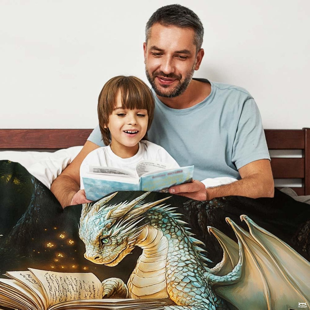 Reading dragon enchanted forest throw blanket styled across contemporary sofa in library