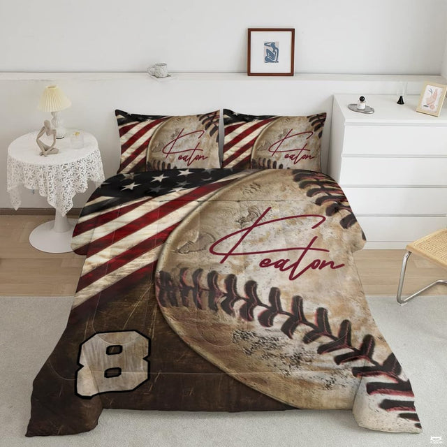 Rustic American flag sports bedding set featuring distressed stars and stripes on aged dark wood grain artwork.