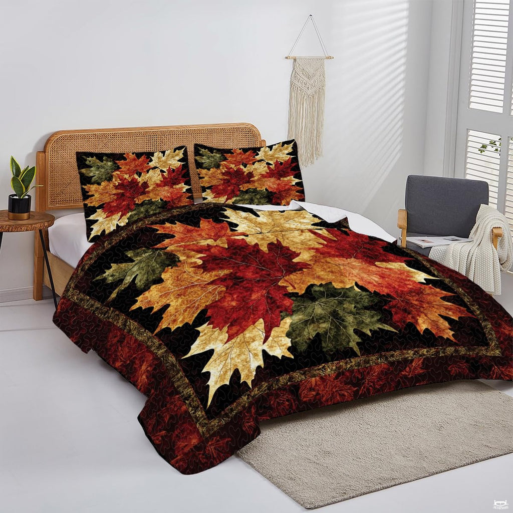 Overhead view of rustic autumn foliage bedding spread across a master bedroom wooden bed frame