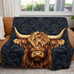 Scottish Highland cow portrait with sweeping horns against charcoal black damask pattern, view 4.