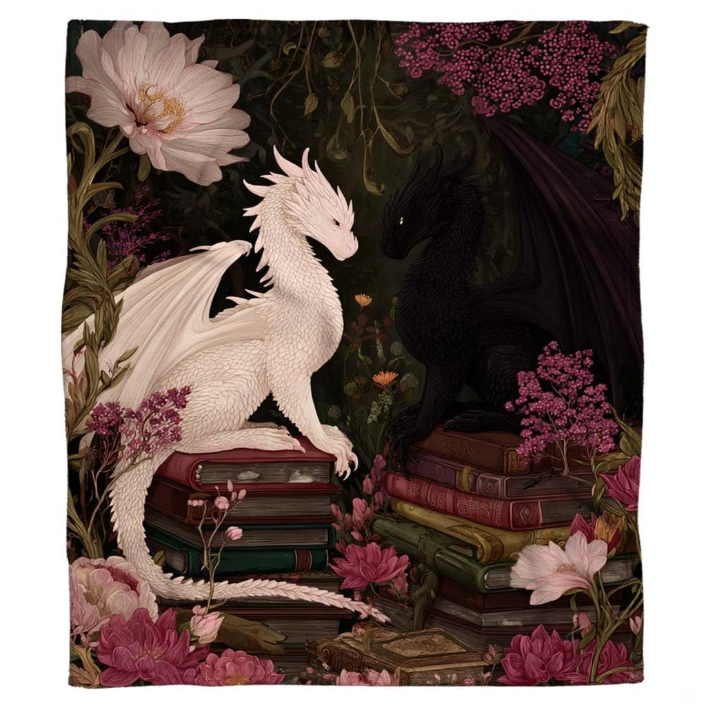 White and black dragons throw blanket view 7 highlighting twin drakes, books, and peony flowers