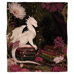 White and black dragons throw blanket view 7 highlighting twin drakes, books, and peony flowers