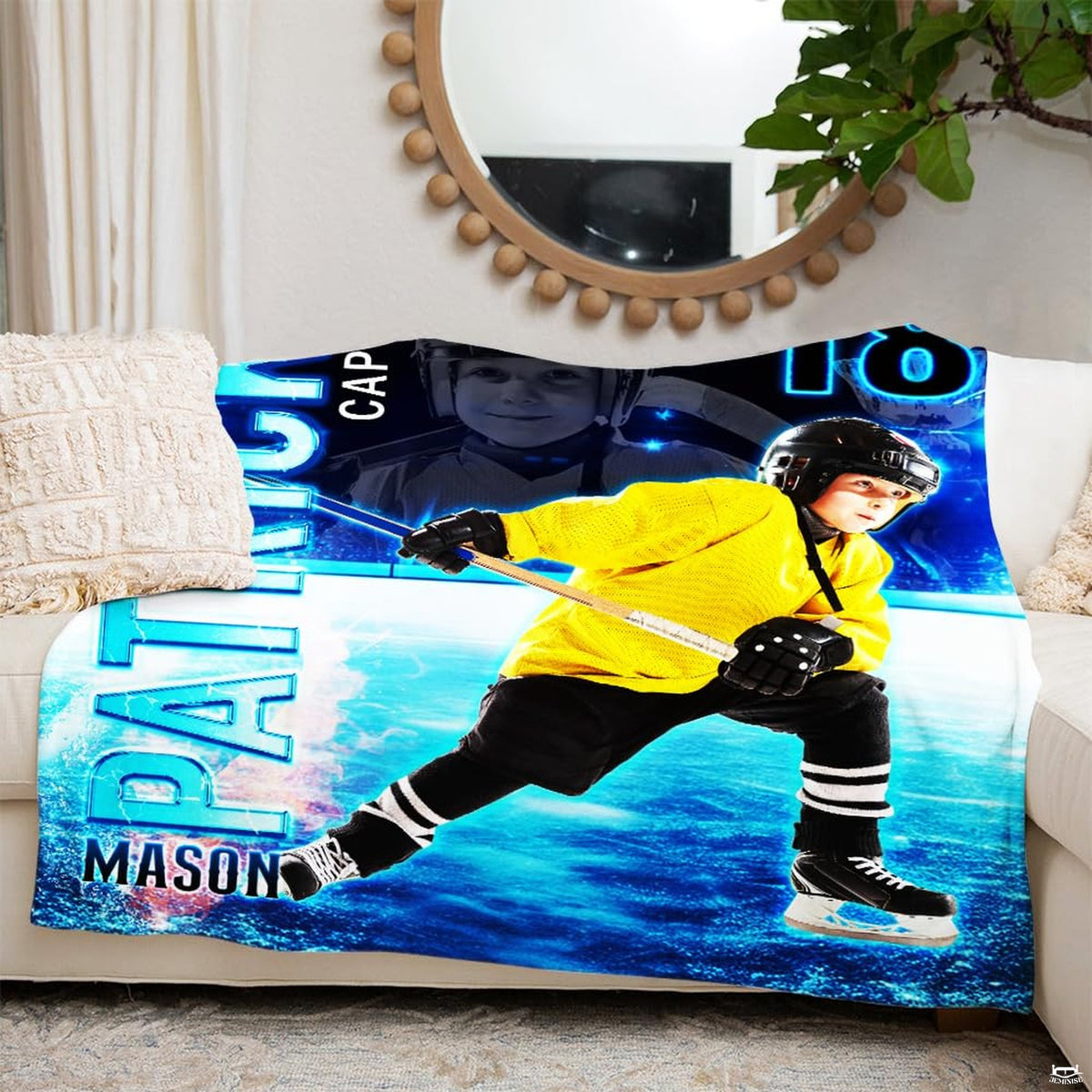 Lifestyle room setting featuring youth hockey throw blanket accenting teen athletic bedroom