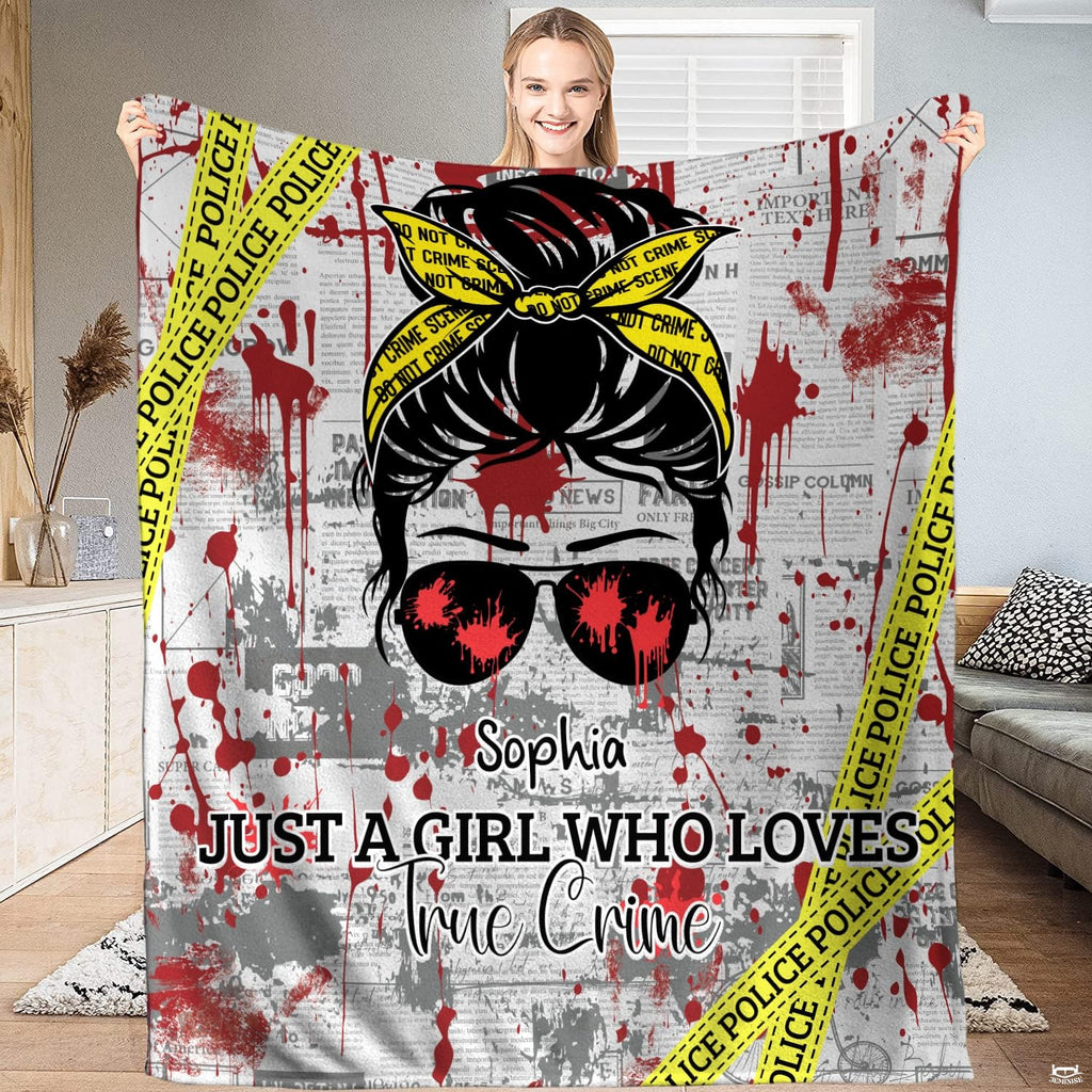 Person standing in bright living room holding up investigative mystery graphic textile.
