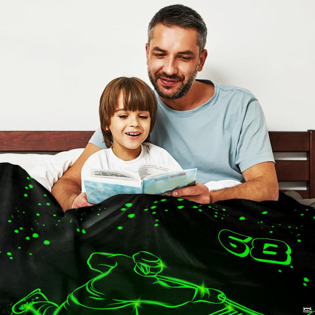 Overhead perspective of dark sports bedding featuring glowing green jersey typography and puck streaks.