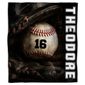 Baseball resting inside a dark fielder glove beside vertical white varsity lettering, view 1.