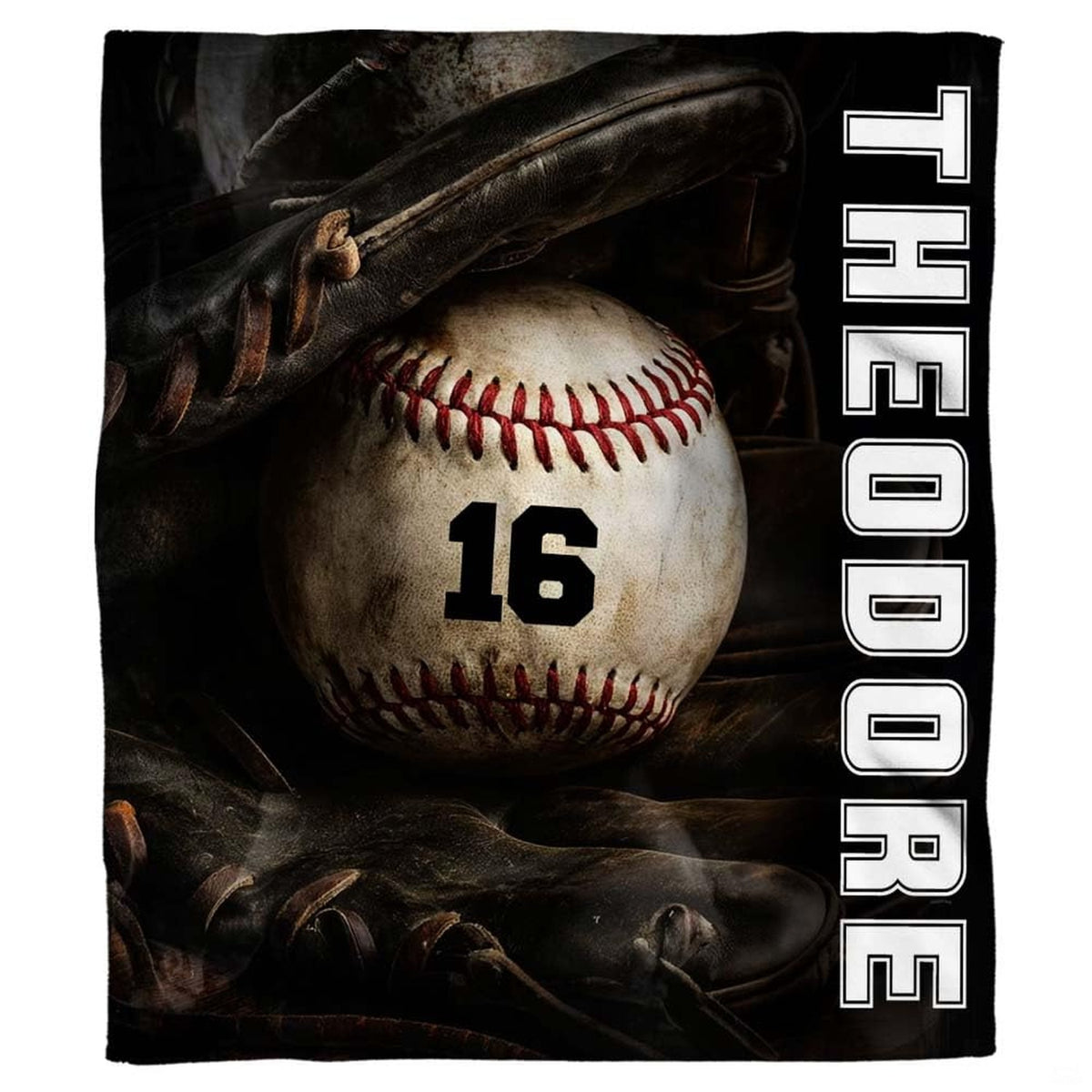 Baseball resting inside a dark fielder glove beside vertical white varsity lettering, view 1.