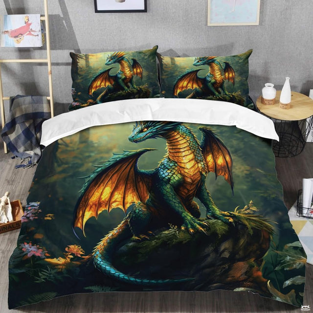 Orange wing dragon bedding shown in a modern bedroom