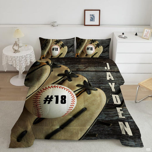 Vintage baseball bedding set featuring worn thematic accent glove artwork on rustic wood background for sports bedroom decor.