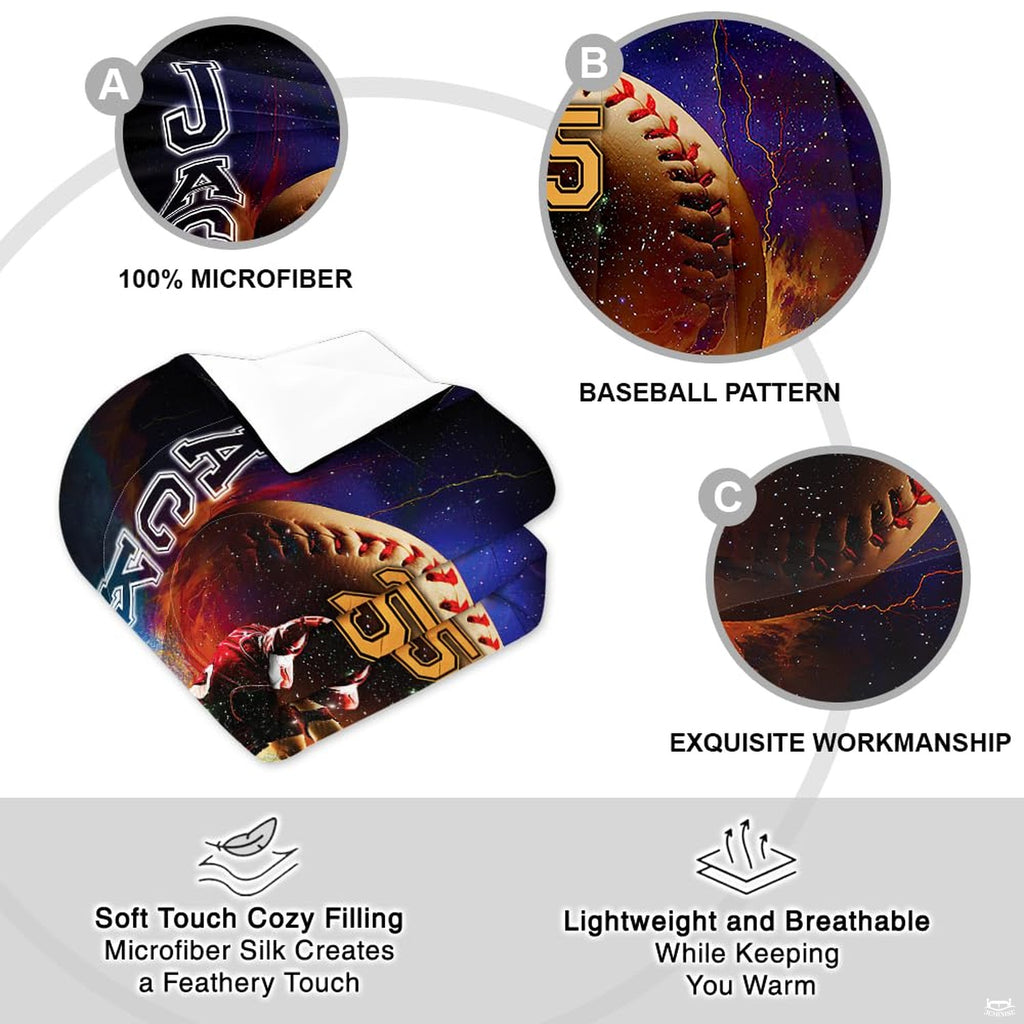 Overhead view of cosmic baseball sports bedding arranged neatly across an athletic youth bedroom mattress