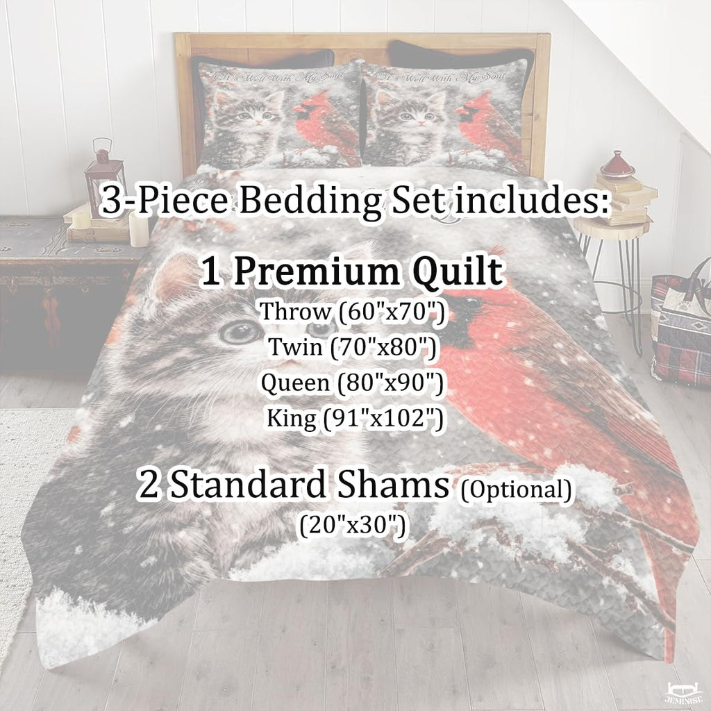 Winter Cat and Cardinal Sitting on Snowy Patchwork Christmas Quilt