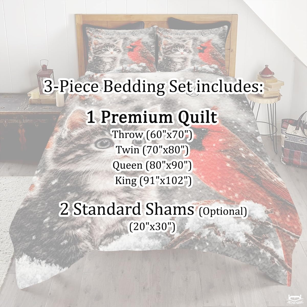 Winter Cat and Cardinal Sitting on Snowy Patchwork Christmas Quilt
