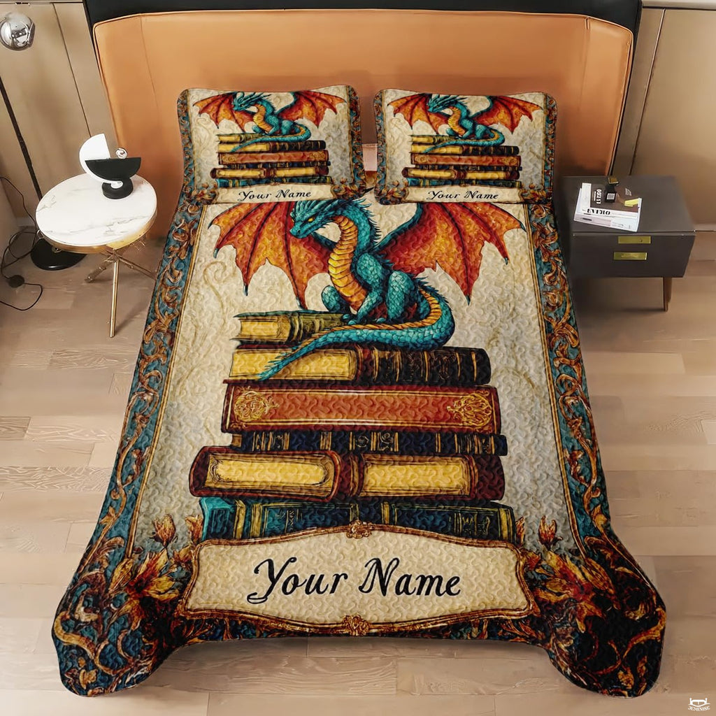 Full top-down view of fantasy dragon and stacked books bedding design on cream parchment background.