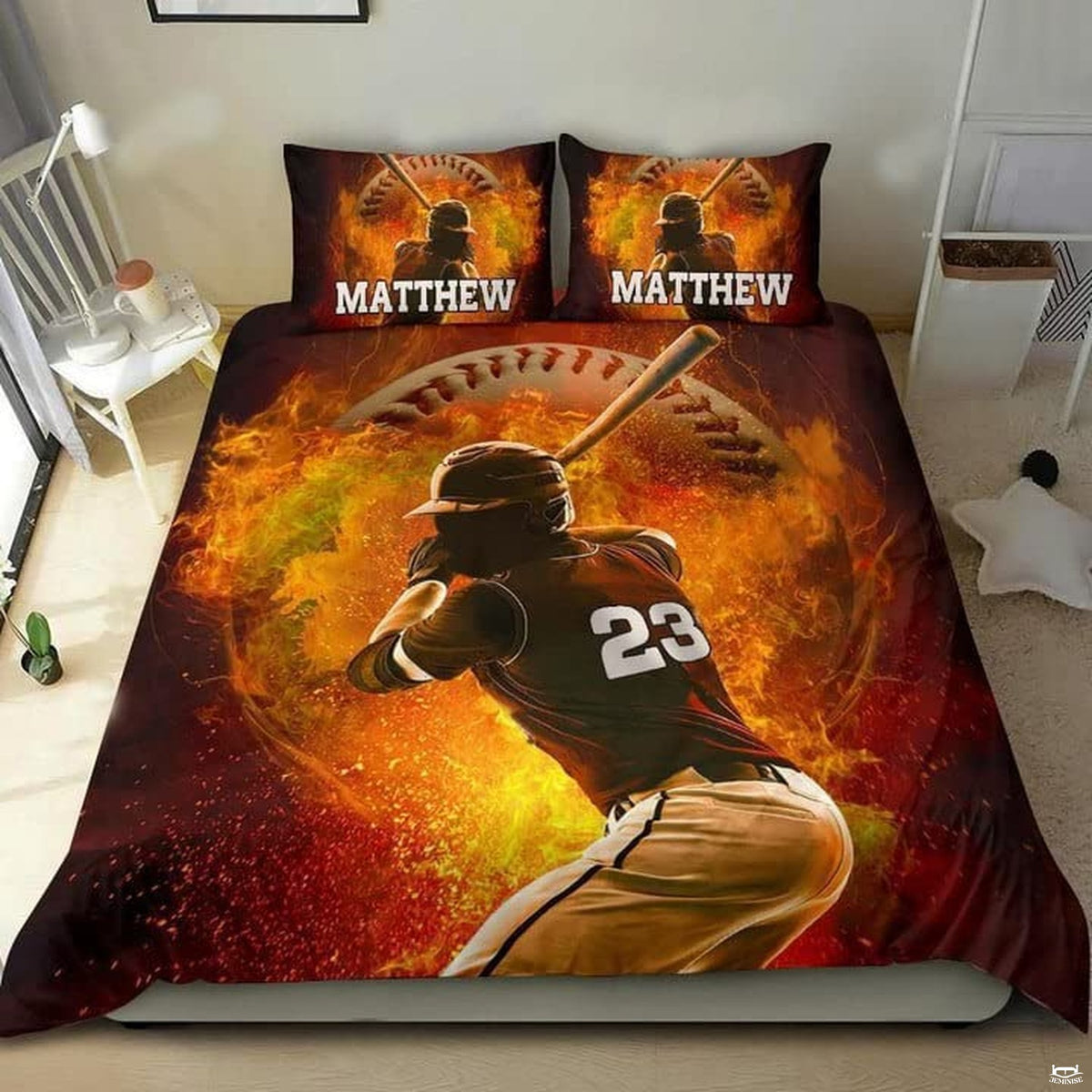 Fiery baseball batter swinging amid burst flames and glowing embers on a bedding set.