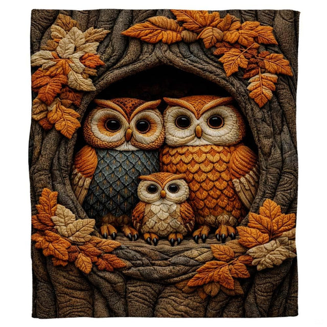 Detailed illustration of three sculpted owls nestled in a carved tree hollow surrounded by golden leaves