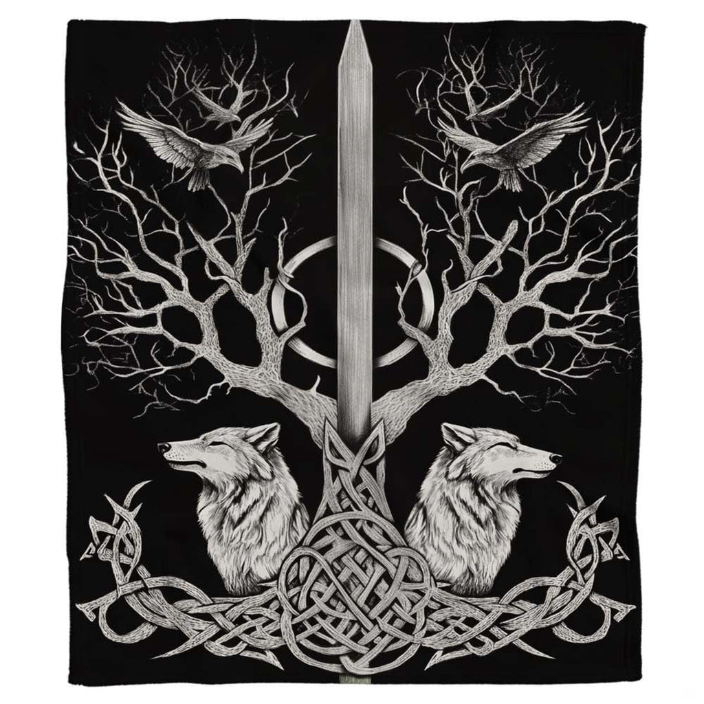 Overhead flat view of Norse Viking Yggdrasil wolves ravens throw blanket