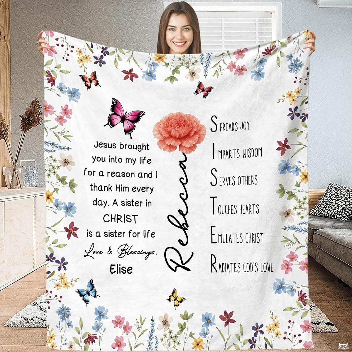Wildflower meadow butterfly carnation blanket displayed indoors.