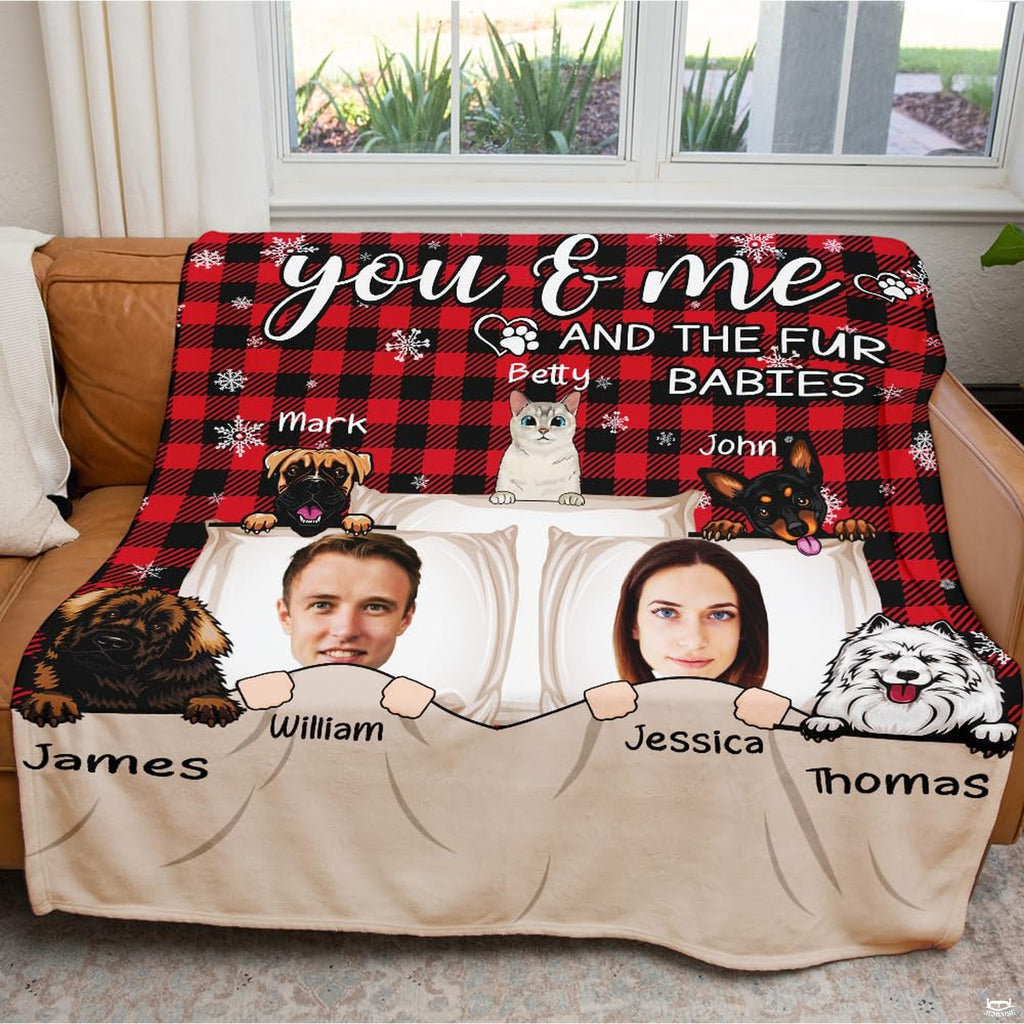 Illustrated couple and cartoon pets on red and black buffalo plaid background, view 8.