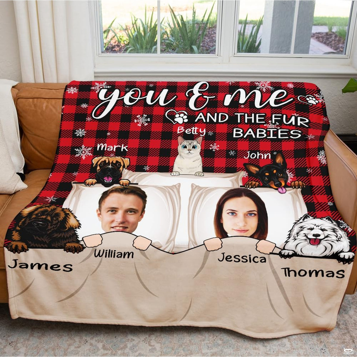 Illustrated couple and cartoon pets on red and black buffalo plaid background, view 8.