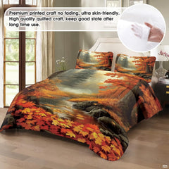Top-down view of scenic autumn road bedding set arranged neatly on a wooden bedroom frame