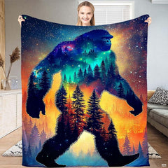 Bigfoot silhouette double bedding set featuring cosmic galaxy nebula art and pine forest scenery.