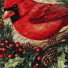 Christmas Cardinal Perched on Branch Within Wreath Patchwork Winter Quilt