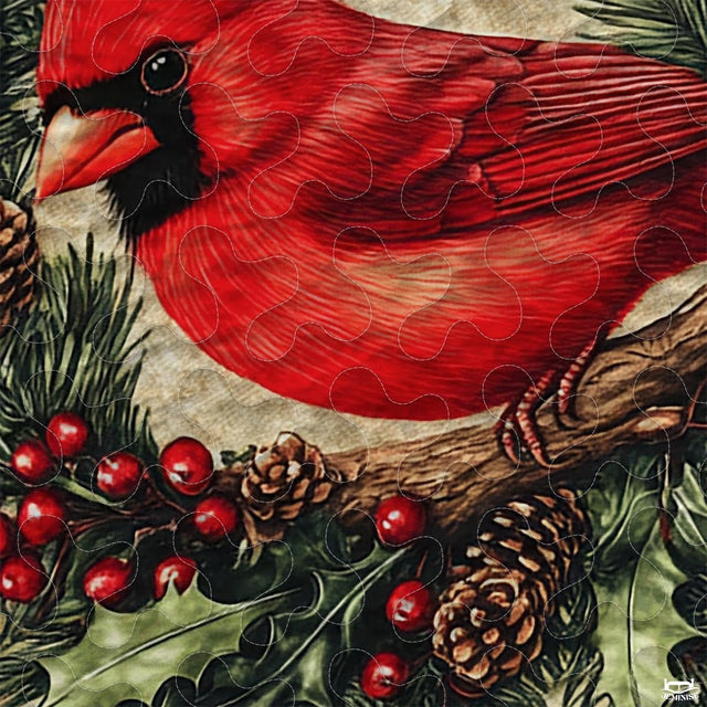 Christmas Cardinal Perched on Branch Within Wreath Patchwork Winter Quilt