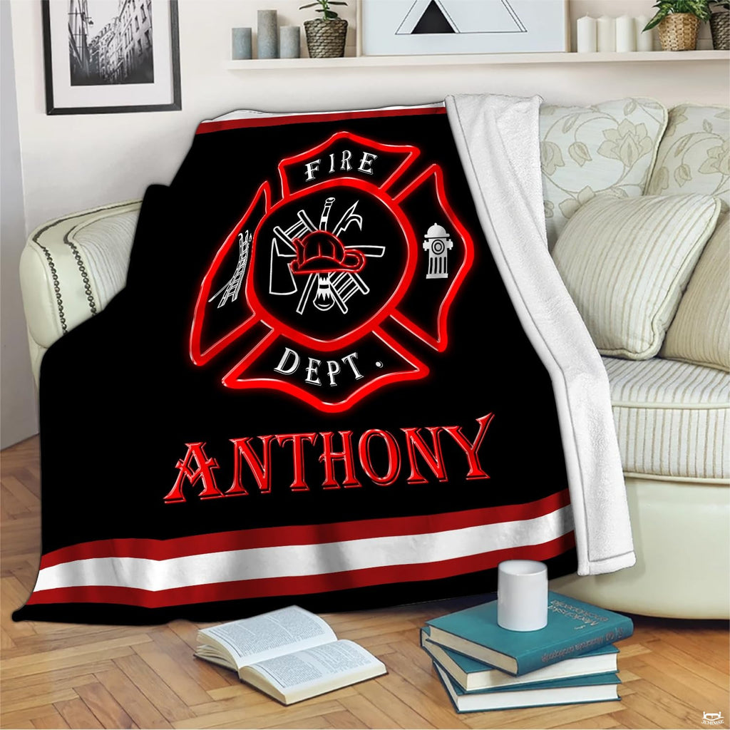 Firefighter Maltese cross emblem throw blanket styled over a contemporary living room sofa