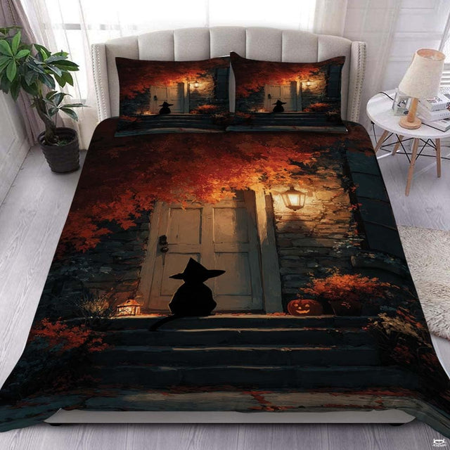 Witch cat cottage porch Halloween bedding with glowing lantern - view 1