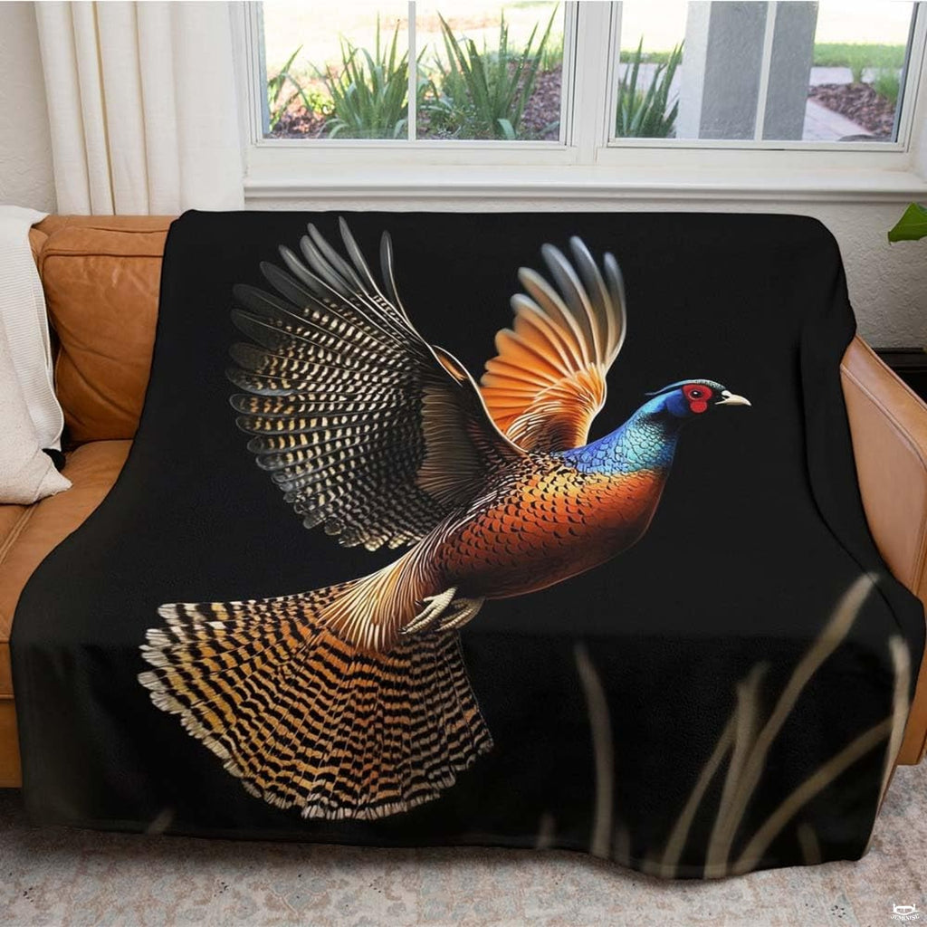 Close-up of iridescent neck plumage and amber feathers on bedding.