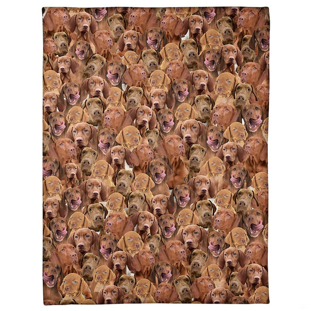 All-over pattern display showing a dense photo collage of smiling Hungarian Vizsla dog portraits.