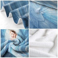 Close view of snowflake dress and crystalline pillars on blanket