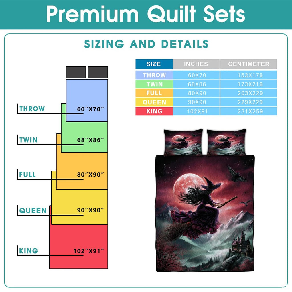 Witch and gothic castle bedding sizing infographic