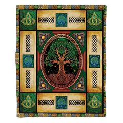 Close-up of intricate Celtic knotwork, triquetra symbols, and thematic accent amber details on the bedding set.
