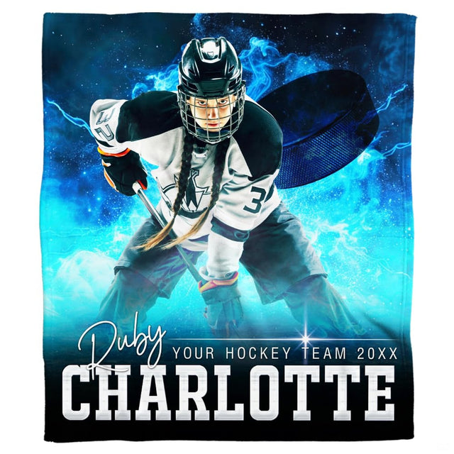 Close-up perspective of the hockey player protective helmet cage, braids, and athletic jersey on frosted ice
