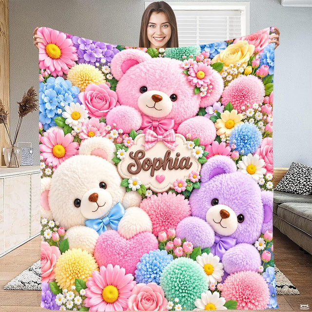 Pastel teddy bears surrounded by colorful roses and daisies, view 2.