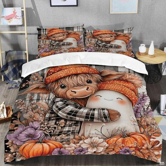 Angled bedroom setup showing bed styled with Highland cow and ghost print bedding.