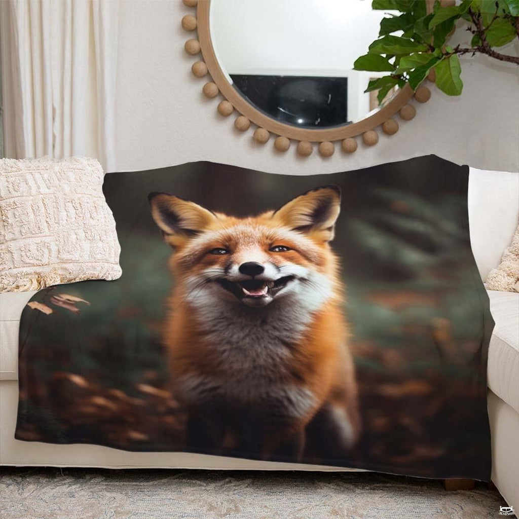 Smiling red fox throw blanket spread smoothly across modern bed in rustic woodland bedroom