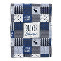 Woodland deer baby blanket displayed flat showing blue rustic patchwork squares highlighting stag and fish motifs