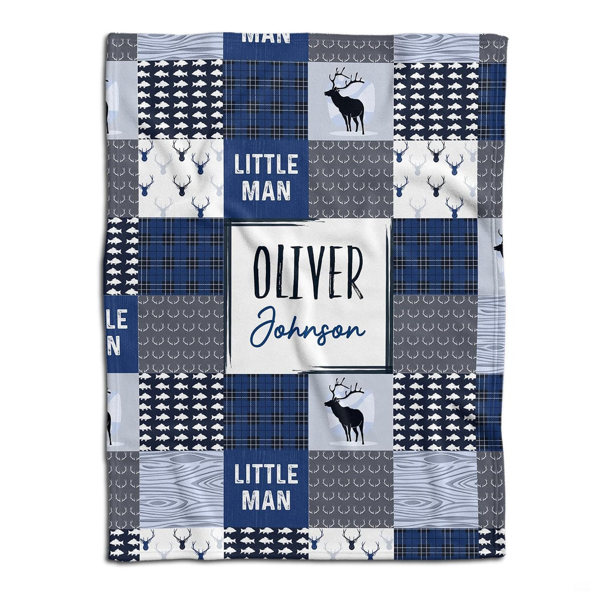 Woodland deer baby blanket displayed flat showing blue rustic patchwork squares highlighting stag and fish motifs