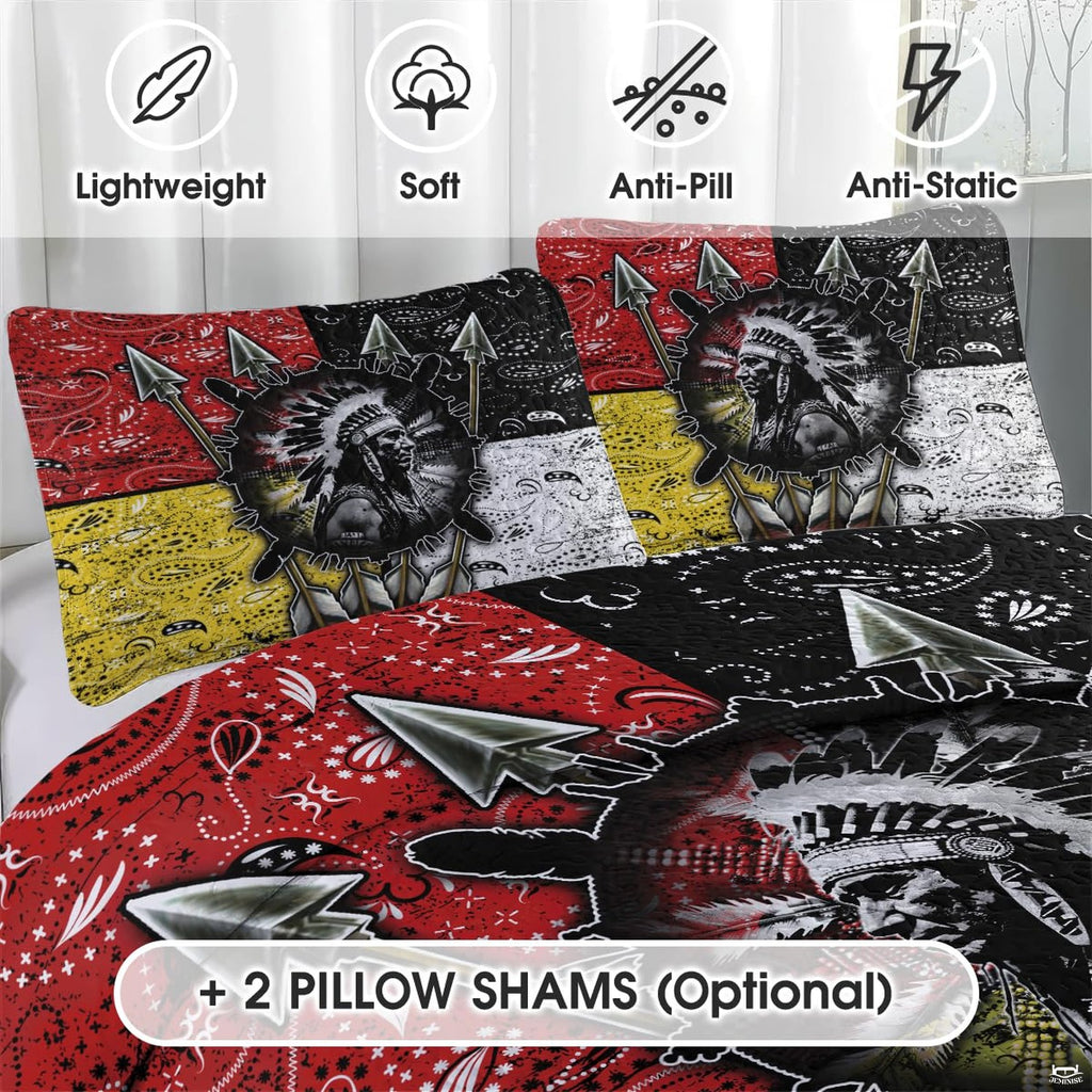 Southwestern chief profile portrait and vibrant four-quadrant paisley patterned bedding decor.