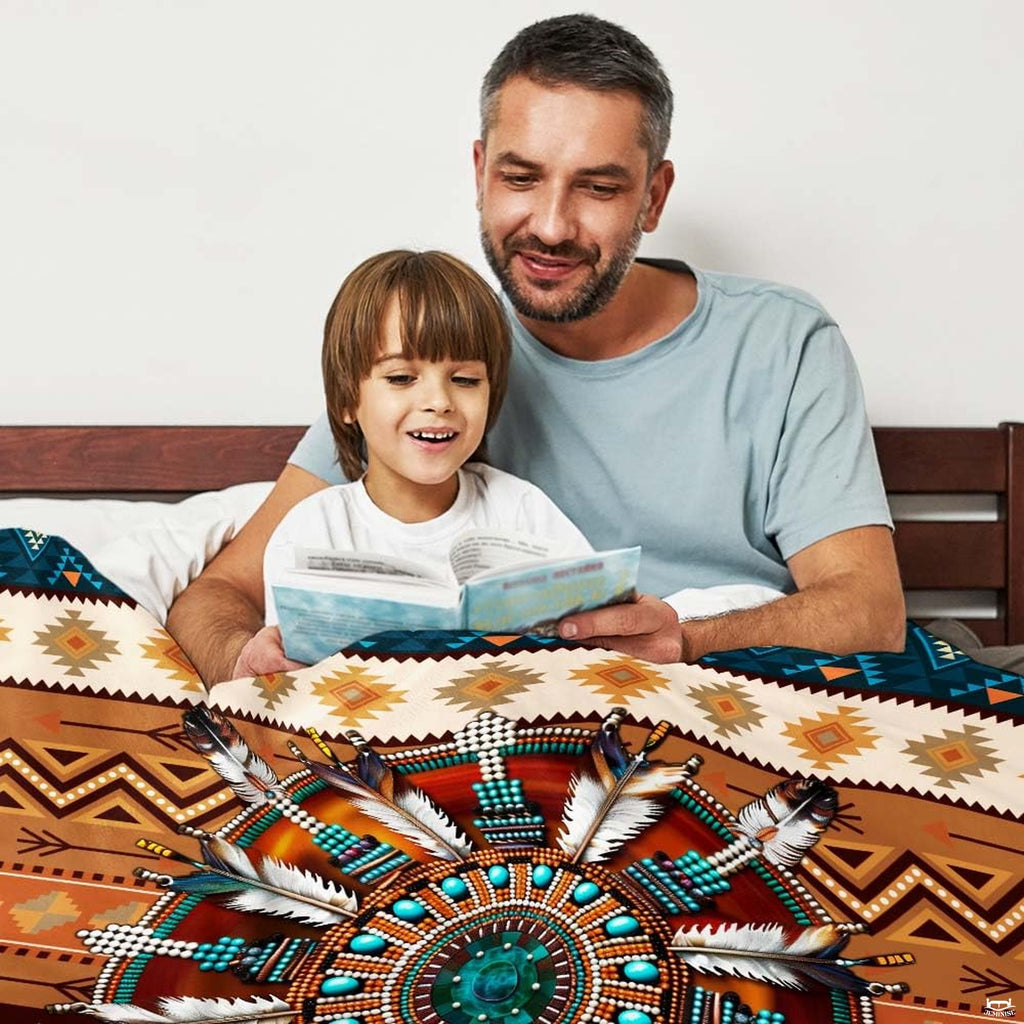 Southwestern tribal pattern detail with chevron borders in terracotta rust and turquoise teal tones.