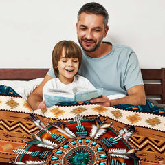 Southwestern tribal pattern detail with chevron borders in terracotta rust and turquoise teal tones.