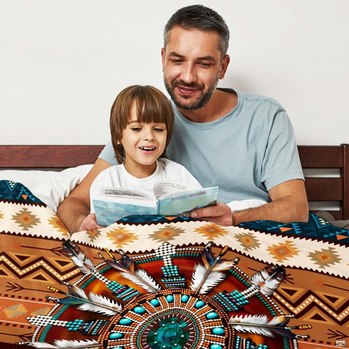 Southwestern tribal pattern detail with chevron borders in terracotta rust and turquoise teal tones.