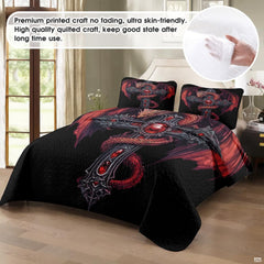 Overhead perspective of red dragon Beddgelert inspired gothic motif on bedding set.