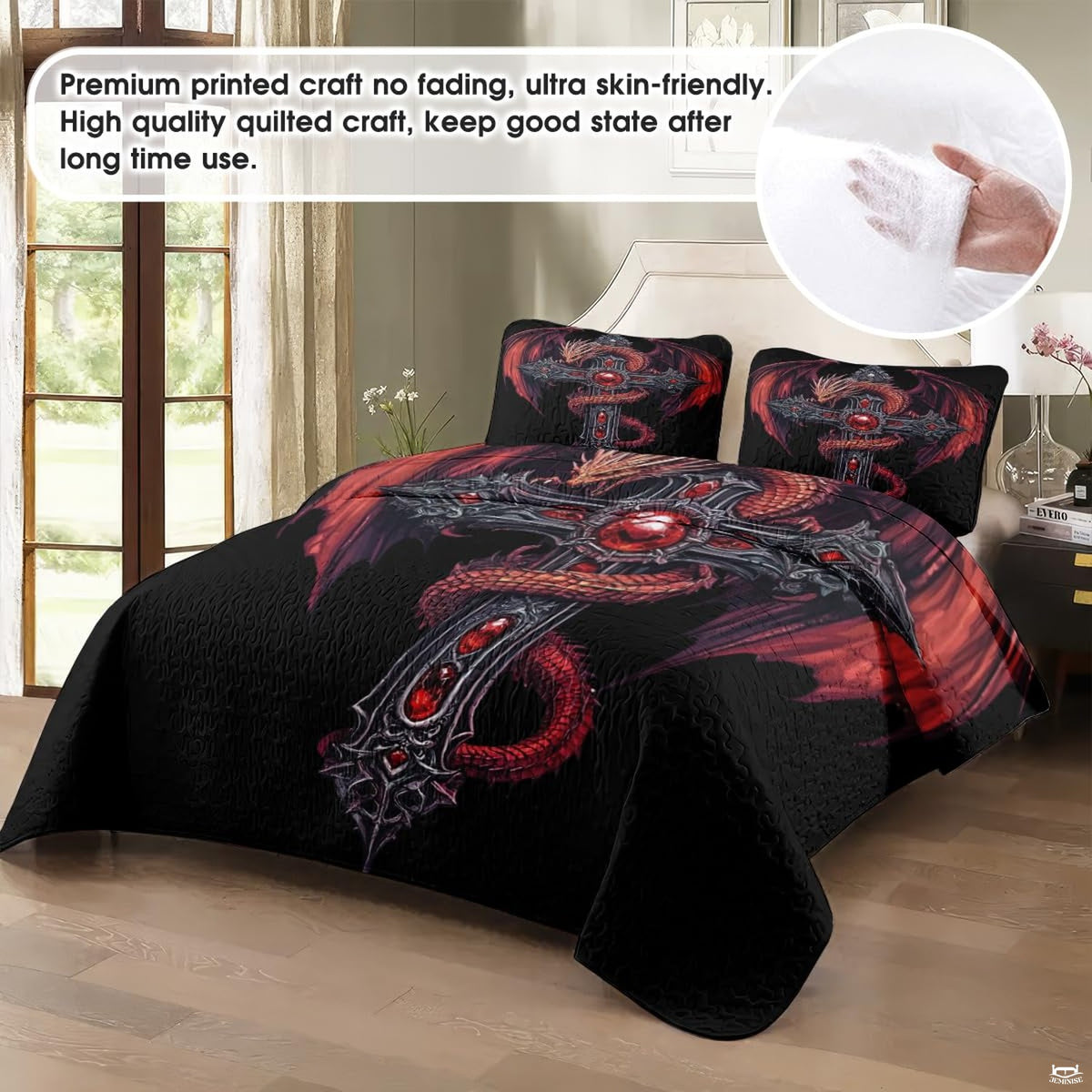 Overhead perspective of red dragon Beddgelert inspired gothic motif on bedding set.