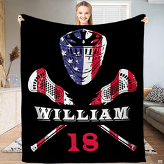 American flag lacrosse helmet and crossed sticks blanket held upright